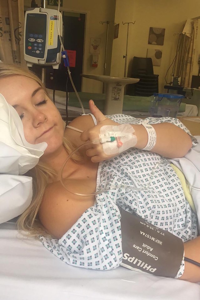 PIC BY MERCURY PRESS (PICTURED: EMMA PHILLIPS, 24, IN HOSPITAL AFTER SURGERY) A student teacher who got a buzzing SEVEN INCH sex toy lodged up her BUM was forced to have it surgically removed after DIY extraction methods including using a fork handle and BBQ prongs failed. Mum-of-one Emma Phillips, from Wallasey, Merseyside, was feeling amorous with partner Lee Miller during the early hours of Saturday morning (Oct 1) when the sex toy disappeared. Initially thinking Lee had hidden the vibrator under a pillow as a prank, it was only when Emma pressed down on her stomach and felt a buzzing that she realised it had vanished up her back passage. SEE MERCURY COPY