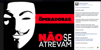 Anonymous ameaça senadores a favor de internet limitada