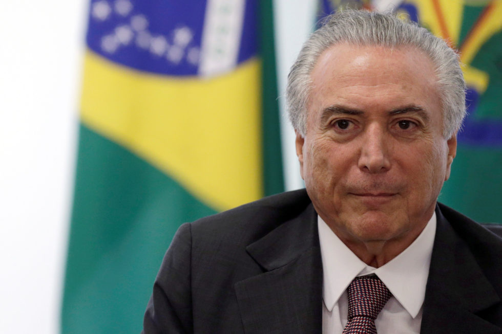 Brazil's interim President Michel Temer looks on during a meeting with unionists at the Planalto Palace in Brasilia, Brazil, May 16, 2016. REUTERS/Ueslei Marcelino