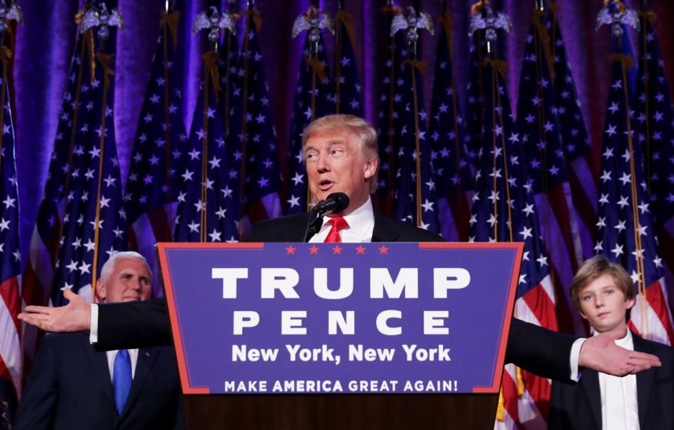 NEW YORK, NY - NOVEMBER 09: Republican president-elect Donald Trump delivers his acceptance speech during his election night event at the New York Hilton Midtown in the early morning hours of November 9, 2016 in New York City. Donald Trump defeated Democratic presidential nominee Hillary Clinton to become the 45th president of the United States.   Chip Somodevilla/Getty Images/AFP == FOR NEWSPAPERS, INTERNET, TELCOS & TELEVISION USE ONLY ==