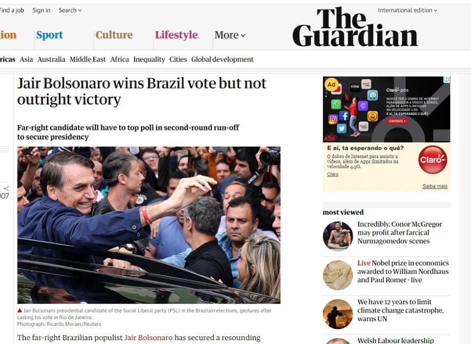 Imprensa internacional destaca “ampla vantagem” de Bolsonaro no 2º turno