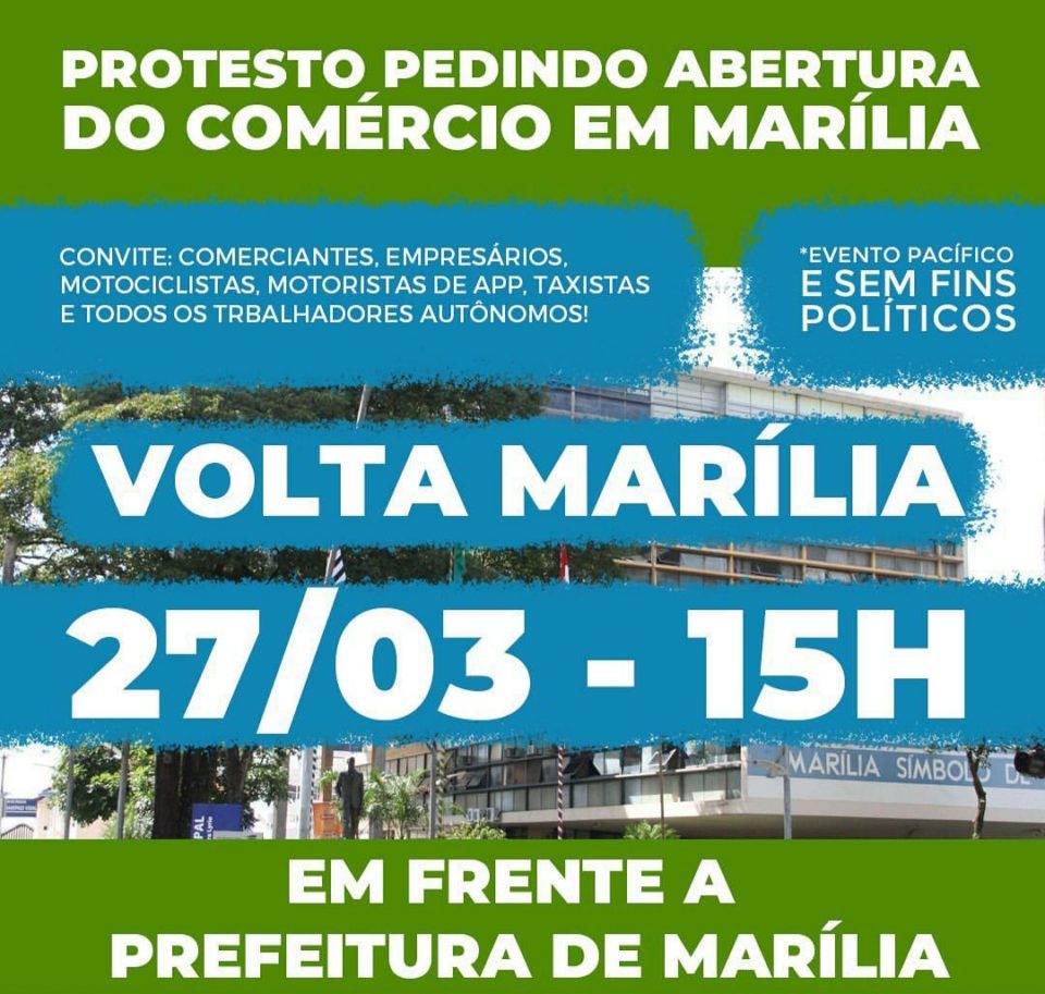 Marilienses convocam protesto pela reabertura do comércio