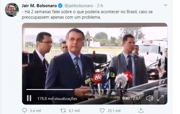 Bolsonaro compartilha vídeo criticando isolamento social