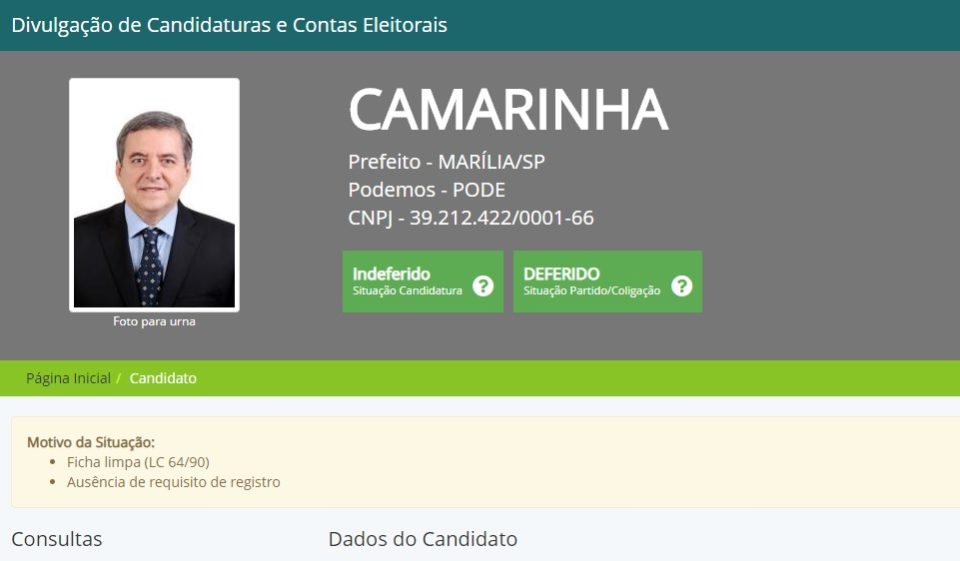 Site do TSE já mostra registro de Camarinha como ‘indeferido’