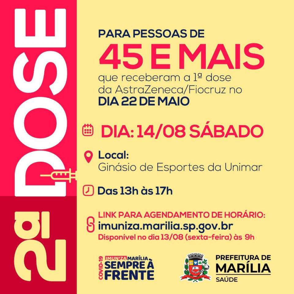 Prefeitura agenda 2ª dose para pessoas de 45 anos ou mais no sábado