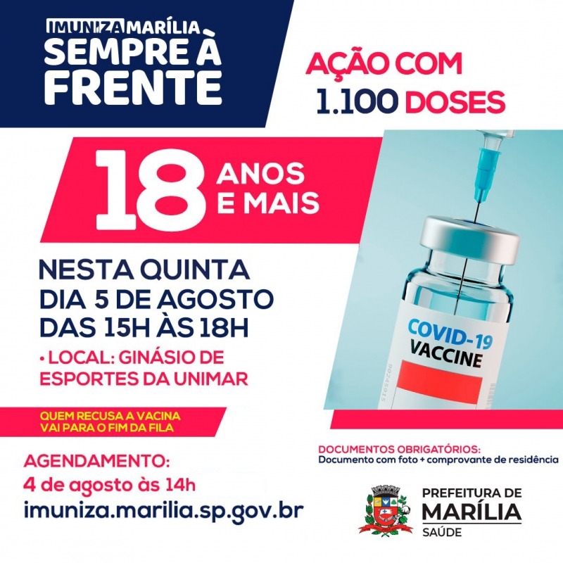 Marília faz nova ação para imunizar pessoas com 18 anos ou mais