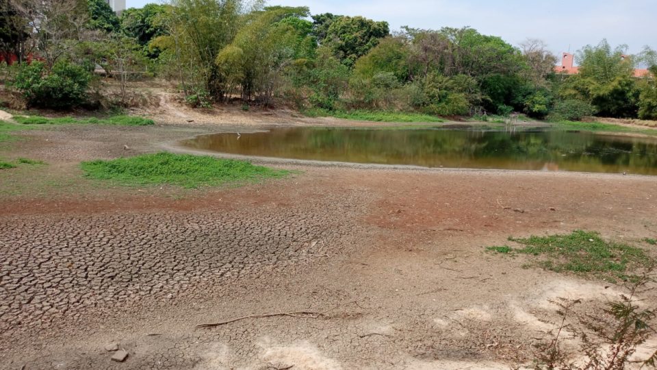 Lago do Aquarius quase seca com estiagem em Marília