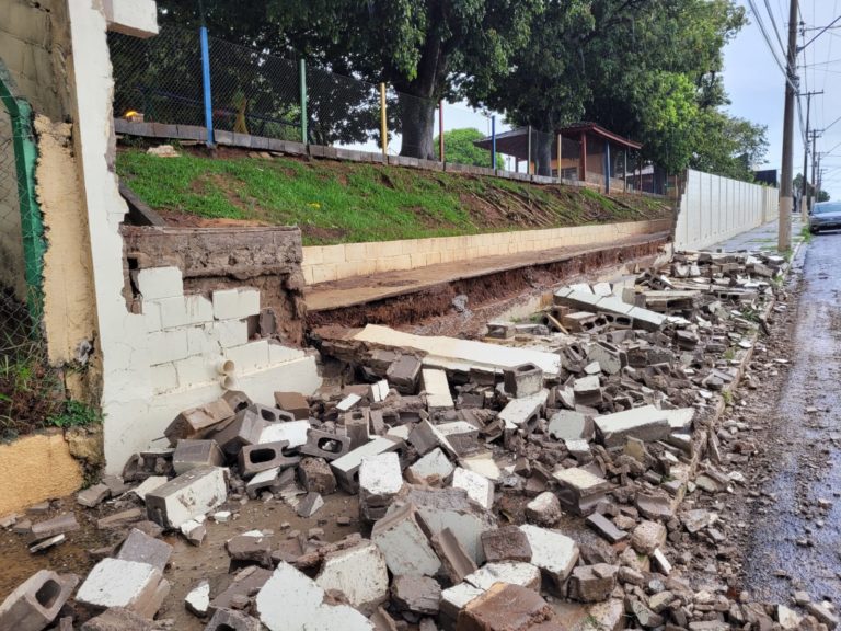 Chuva desaloja famílias, invade lojas e derruba muro de escola