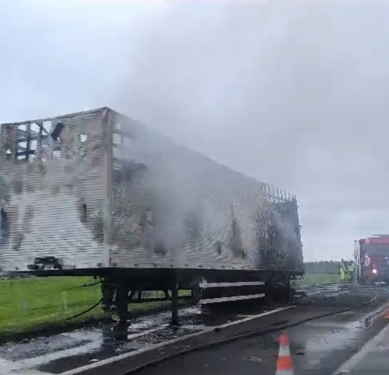 Caminhão de site de compras é destruído em incêndio na SP-294