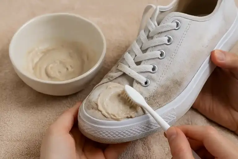 Como limpar tênis branco encardido com uma pasta de bicarbonato e detergente