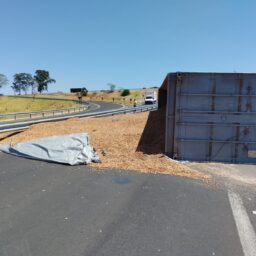 Carreta com amendoim tomba e interdita acesso em Marília