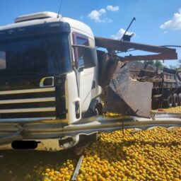 Carreta espalha carga de laranjas e causa interdição de oito horas na SP-294