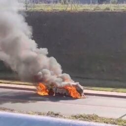 Incêndio destrói carro em via marginal da rodovia SP-294 em Marília